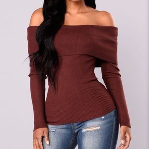 (Fashion Nova) Burgundy Off the Shoulder Sweater